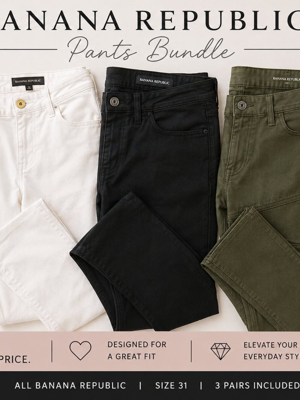 Banana Republic Women's Size 31 Pants Bundle – 3 Pair – Black White Olive